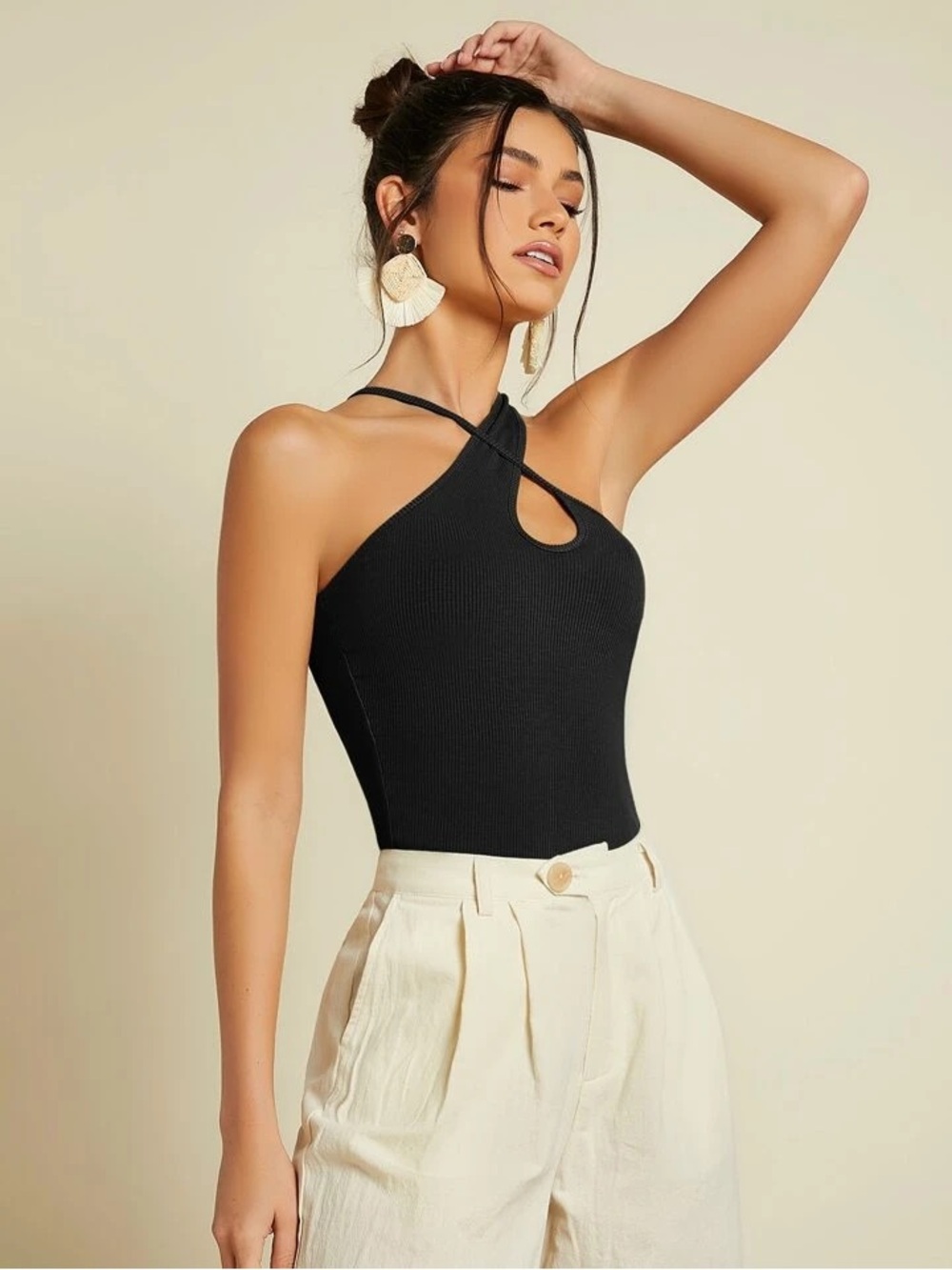 Black Ribbed Criss Cross Halter Top – Size XL (Fits L/XL)